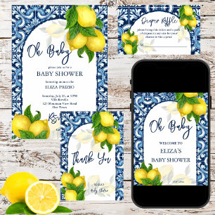 Blue Majolica Tiles Lemons Mediterranean Baby Show Inbjudningar