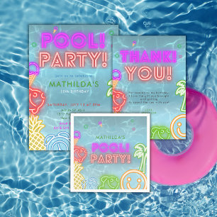 Neon Glöd Pool Party Födelsedagsfest För Alla Åldr Tack Kort