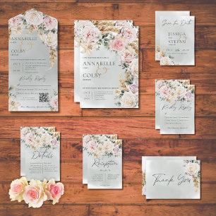 Boho Pampas & Rosa ros Grönt Reception Bröllop Tilläggskort