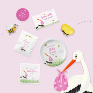 Rustic Stork med Bee & Butterfly Girl Baby Shower Tack Kort