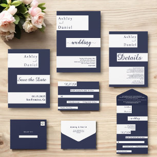 Elegant Chic Navy Blue White Luxury Modern Bröllop OSA Kort