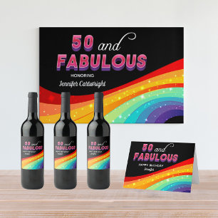 50 och Fabulous Rainbow Gnistra Födelsedagsfest Vinflaska Etikett
