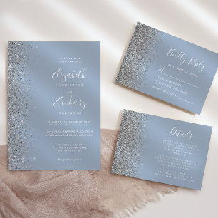 Modern Dusty Blue Silver Glitter Kant Bröllop Inbjudningar