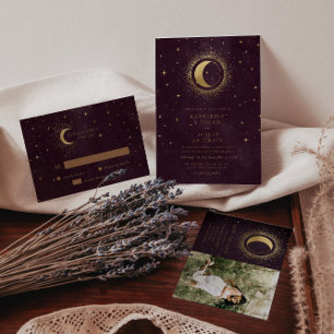 Celestial Burgundy Guld Måne och Stars Bröllop Inbjudningar