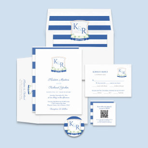 Preppy Nautical Blue White Monogram Vapensköld Brö Inbjudningar