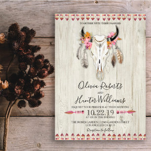 Boho Blommigt Feather Antlers Cow Skull Wood Bröll Inbjudningar