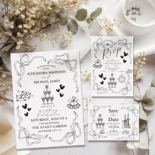 Svart och vit Whimsical Retro Doodle Art Bröllop Inbjudningar
