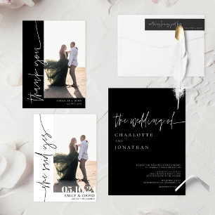 Chic Modern Simple Photo Black and White Bröllop Tack Kort