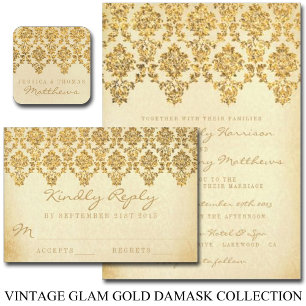 Vintagen Glam Guld Damask Wedding Collection Inbjudningar