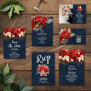 Rustic Navy Poinsettia Blommigt jul Bröllop Inbjudningar