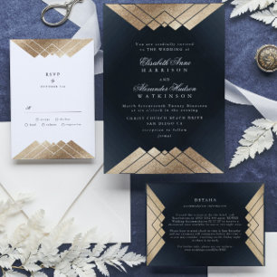 Geo Mörk Navy Guld Gatsby Calligraphy Bröllop Inbjudningar