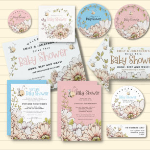 Humlor Blommor Blå Virtuell Baby Shower Inbjudningar