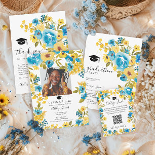 Gult Blue Watercolor Wildblomma Studenten Photo Inbjudningar