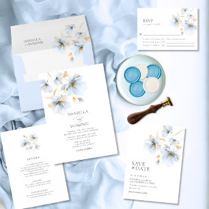 Dreamy Pastel Blue och Guld Vild Flowers Bröllop Spara Datumet