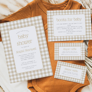 Beige Gingham-ruta Neutral Babyfirande Inbjudningar