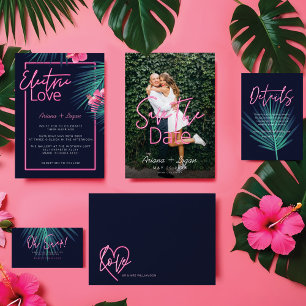 Electric Kärlek Neon Rosa Tropical Retro Bröllop OSA Kort