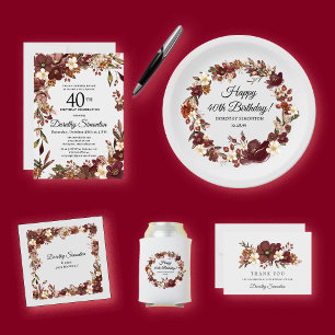 Burgundy Mauve Ivory Fall Blommigt 40:e födelsedag Inbjudningar