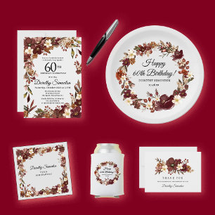 Burgundy Mauve Ivory Fall Blommigt 60:e födelsedag Inbjudningar