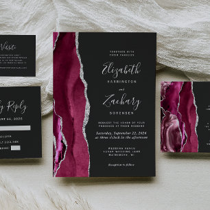 Modern Burgundy Silver Agate Mörk Bröllop OSA Kort