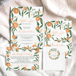 Botaniska citrusfrukter, orange med liten kutiebab runt klistermärke