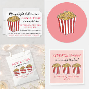 Movie Night Sleepover Popcorn Födelsedagsfest Red Inbjudningar