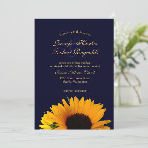 Cheerful och Elegant Navy Blue Solros Bröllop Inbjudningar