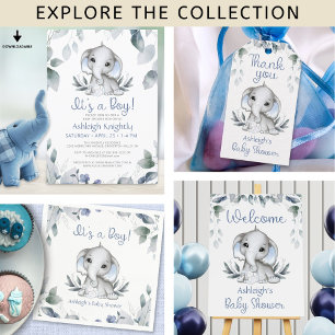 Elephant Blue Boy Shower Watercolor Greenery Inbjudningar