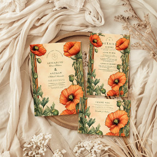 Elegant Blommigt Art nouveau Poppy Bröllop Tack Kort