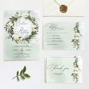 Dusty grenery foliage wandedegen bröllop brunch inbjudningar