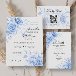 Romantiska blomstermotiv i marinblå bröllopsdetalj tilläggskort