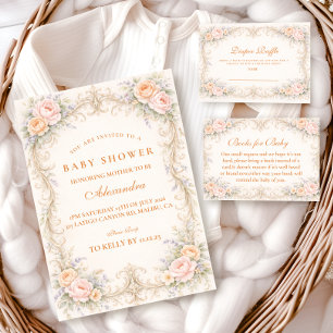 Rosafärgad Persika Ros Barock Baby Shower Inbjudningar