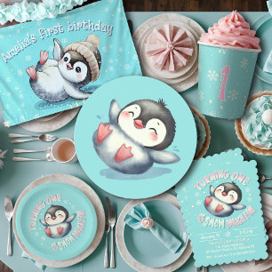Baby Första födelsedag Cute Winter Penguin Aqua Bl Inbjudningar
