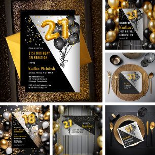 Bubblor Elegant Black   Guld 21:a födelsedagen Par Inbjudningar