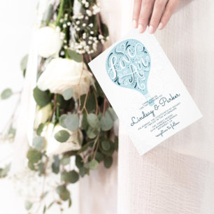 Hand Lettered Kärlek Navy Luftballong Bröllop Inbjudningar