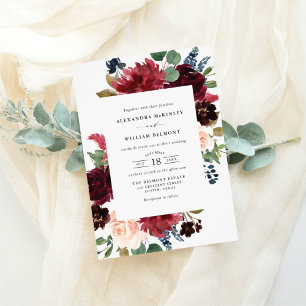 Watercolor Burgundy och Blåa blommor Bröllop Inbjudningar