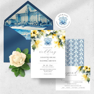 Monogram Watercolor Blue och Gult Bröllop Inbjudningar