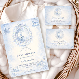 Klassisk blå Toile Baby Shower Inbjudningar