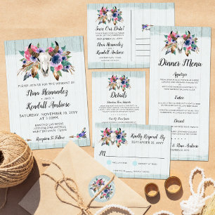 Rustik blomsterko skull boho bröllops middagsmeny reklamkort