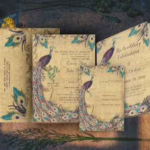 Damask Påfågel Elegans Aubergine Guld och Aqua Inbjudningar
