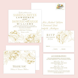 Elegant Guld Blommigt Peony Bröllop Monogram Tack Kort
