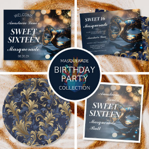 Blue Guld Masquerafödelsedagen Inbjudningar