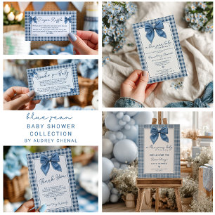 Denim Blue Jean Gingham Coquette Bow Baby Shower Tack Kort