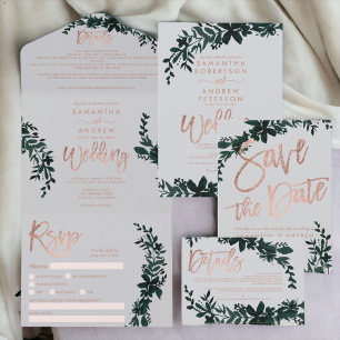 Ro guld-typografi Blommigt grått bröllop Inbjudningar