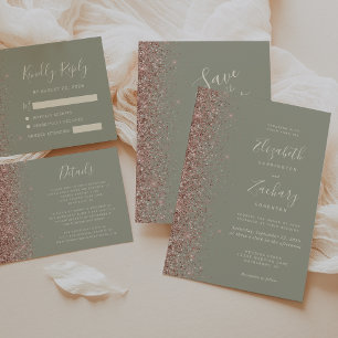 Modern Saggrön Rosa Guld Glitter Kant Bröllop Inbjudningar