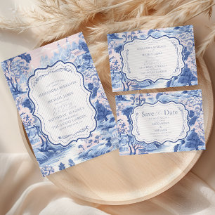 Blue White Chinoiserie Blommigt Porcelain Bröllop OSA Kort