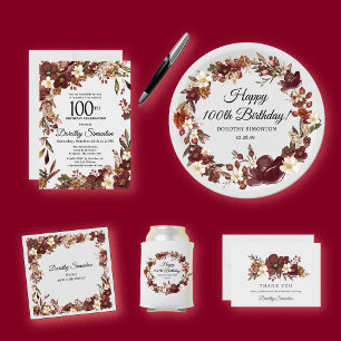 Burgundy Mauve Ivory Fall 100:e födelsedag Tack Kort