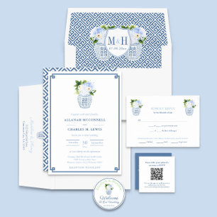 Preppy Blommigt Blue & White Ginger Burk Bröllop Inbjudningar