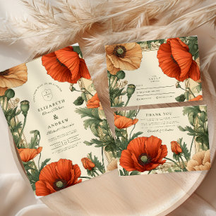 Vintage Poppy Blommigt Art nouveau Bröllop Tack Kort