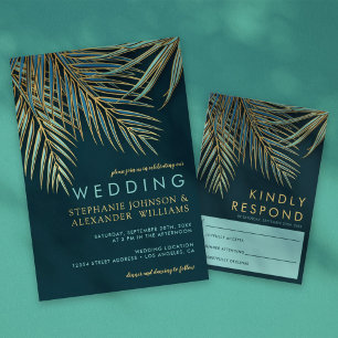 Modern Tropical Beach Wedding Handflatan Guld Inbjudningar