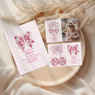 Retro Photo Cute Rosa Bow Coquette 1:a födelsedag Tack Kort